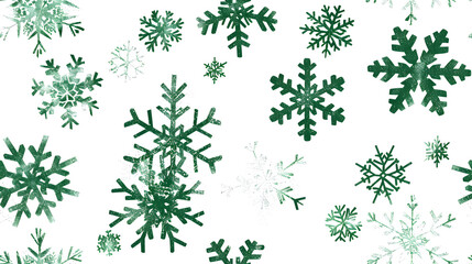 A seamless pattern featuring various green snowflakes on a white background. The festive and winter-themed design is perfect for holiday decorations, wrapping paper, and seasonal projects.