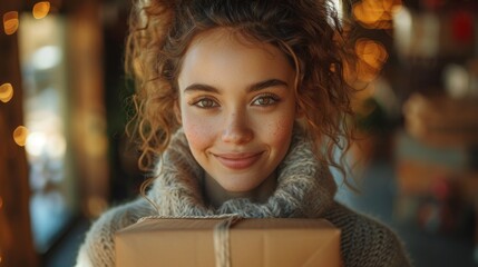 Portrait of a young woman holding a gift box - Generative AI