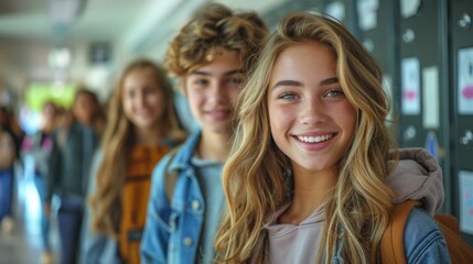 Fototapeta premium Smiling Teenagers in School Corridor - Generative AI