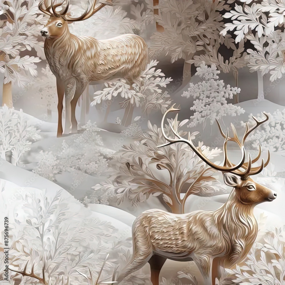 Poster a painting of two deer in a snowy forest