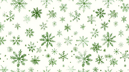 A seamless pattern featuring green snowflakes on a white background. Ideal for festive holiday designs, wrapping paper, and seasonal projects.