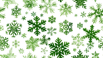 A seamless pattern featuring green snowflakes of various sizes on a white background. Ideal for festive holiday designs, wrapping paper, and seasonal projects.