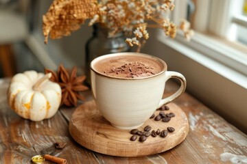 Cozy Autumn Hot Chocolate with Spices and Pumpkin on Wooden Table