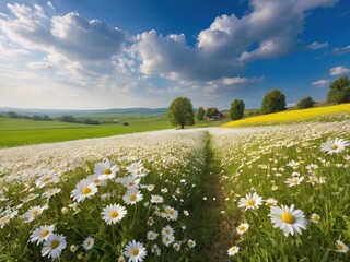 a wonderful big field of daisies and a blue sky with white clouds