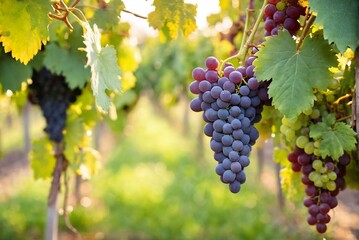 Fototapeta premium Close up of a delicious ripe grape hanging from the vines of an organic grape farm with copy space.