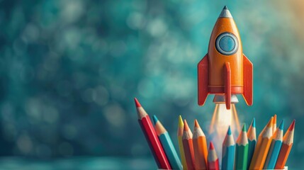 Rocket Launch from Colorful Pencils with Creative Background