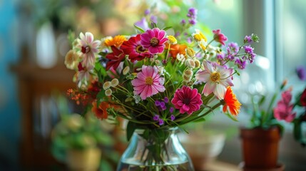 Colorful Bouquet of Summer Flowers in a Glass Vase