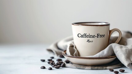 White coffee cup with the text Caffeine-Free on a white background with coffee beans beside it.