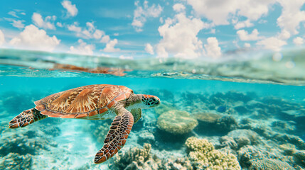 Obraz premium A sea turtle swimming in crystal clear ocean water with coral reefs in the background with copy space