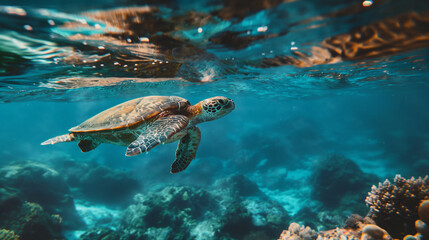 Fototapeta premium A sea turtle swimming in crystal clear ocean water with coral reefs in the background with copy space