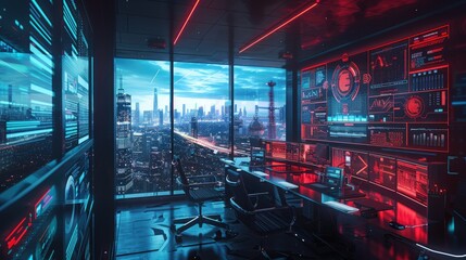 Futuristic Office with Holographic Screens Overlooking Modern Cityscape at Night