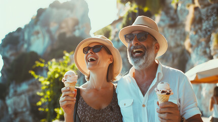 Fototapeta premium A cheerful senior couple wearing hats and sunglasses, enjoying ice cream cones and laughing together on a sunny day outside.
