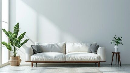 Modern Minimalist Living Room with White Sofa and Green Plants by the Window