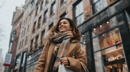 Fototapeta premium A cheerful young woman wearing a coat and scarf, enjoying a day of shopping in a bustling city during winter.