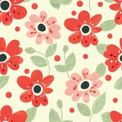 Elegant Red Flower and Green Leaf Repeat Pattern on Light Yellow Background
