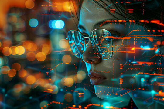 A futuristic portrait of a young woman with a serene expression, her eyes reflecting intricate digital patterns and data streams, embodying a blend of technology and humanity amidst a vibrant backdrop - Powered by Adobe