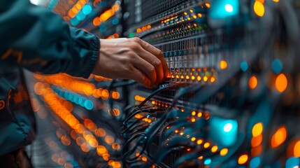 Close-up of Hand Connecting Network Cables in Data Center - Generative AI