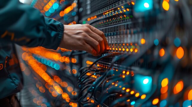 Close-up of Hand Connecting Network Cables in Data Center - Generative AI