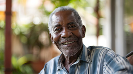 Obraz premium Close-up portrait of a smiling elderly man wearing a striped shirt, captured in a warm outdoor setting with a blurred background.