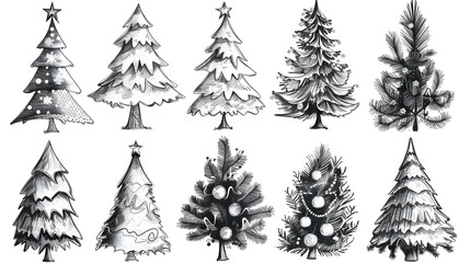 Obraz premium Artistic black and white illustration of various Christmas trees, some decorated with ornaments, capturing a festive holiday spirit.