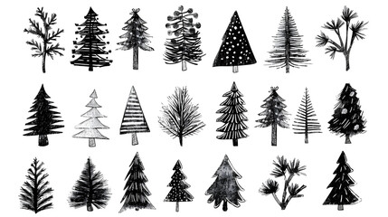 Obraz premium Diverse black and white illustrations of Christmas trees in various shapes and designs, showcasing festive and artistic elements.