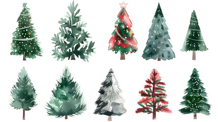 Fototapeta premium A charming watercolor illustration featuring a variety of Christmas trees adorned with decorations and snow, celebrating the holiday season.
