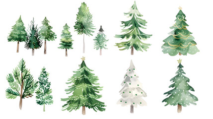 Obraz premium A beautiful watercolor illustration showcasing a variety of Christmas trees, some adorned with decorations and snow, embodying the festive spirit.