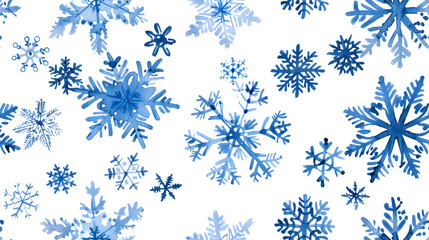 A vibrant pattern of various blue snowflakes in different shapes and sizes, set against a white background, capturing the essence of winter.