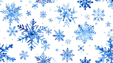 A beautiful pattern featuring various blue snowflakes of different shapes and sizes, set against a white background, embodying the winter season. seamless