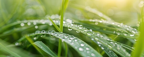 Naklejka premium Tranquil Dew Drops: Minimalist Wallpaper of Fresh Green Grass with Calming Depth of Field
