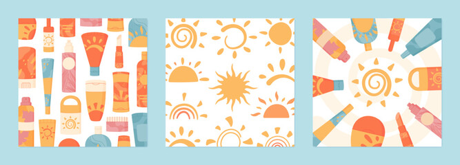 Cartoon sun shape and sunscreen background set, banner with uv factor protection cream pack and sunblock oil product, creative social media template with hand drawn sun shapes for summer posts