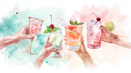 hand holding a glass of champagne, watercolor-style digital illustration with diverse hands toasting with different cocktails, People at a party holding cocktails, toasting and celebrating