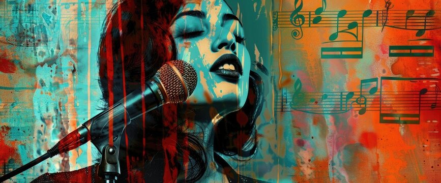 A woman is singing into a microphone She has one hand on the microphone and the other hand is raised in the air She has her eyes closed and is singing passionately The background is a colorful - Powered by Adobe