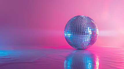 A disco ball sits on a reflective surface with pink and blue lighting, creating a vibrant and festive atmosphere perfect for parties and celebrations.