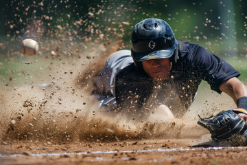 baseball player is sliding into a base while a ball is in the air. The scene is intense and action-packed, with the player's focus on reaching the base before the ball arrives