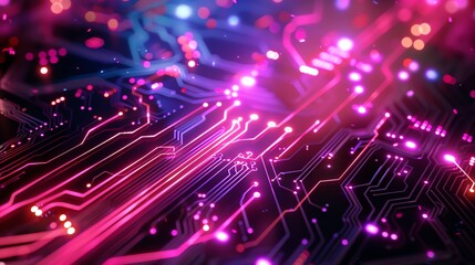 Fototapeta premium Vibrant close-up of a futuristic circuit board with glowing neon lights, representing advanced technology and innovation.