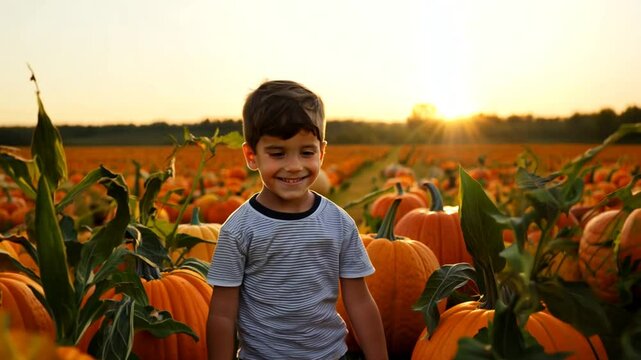 Happy Boy in Pumpkin Patch at Sunset Generative AI