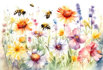 Fototapeta premium wildflower watercolor invitation illustration rustic botanical honey blooming white card wildflowers bohemian meadow dding bouquet nature floral print floral bee 