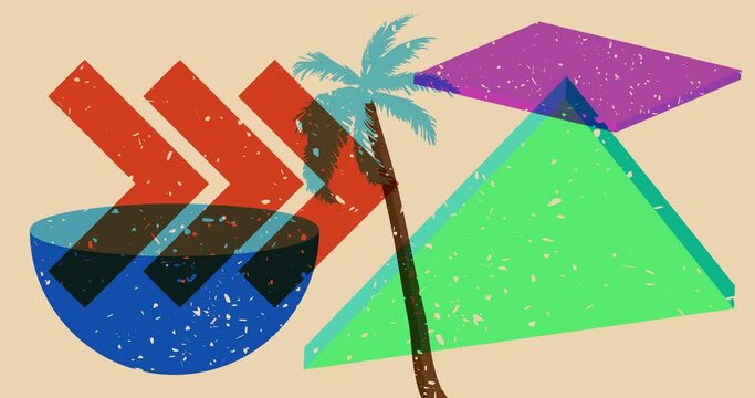 Risograph Palm Tree with geometric shapes animation. Moving object in trendy riso graph design video.