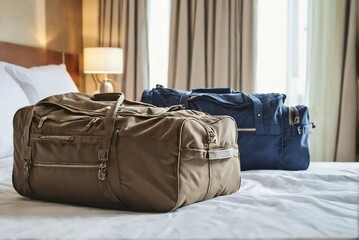 Travel bags in a hotel room with copy space. Holiday concept.