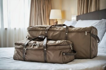 Travel bags in a hotel room with copy space. Holiday concept.