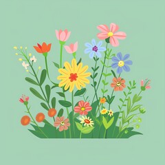 Illustration of colorful wildflowers in full bloom against a green background, showcasing vibrant spring flora in an artistic design.