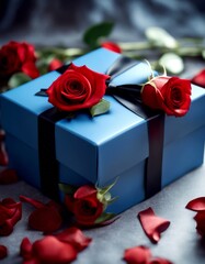 gift red bow ribbon vibrant flower present adorned roses elegant rose box celebration stylish blue
