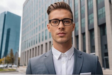 Fototapeta premium Successful young businessman wearing glasses standing against city office view with copy space.