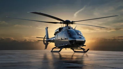 Tableau sur plexiglas hélicoptère helicopter on a top of a rooftop of a building on a sunset background, maybe a private chopper or owned by a military army to rescue, transport, fight for the war  © Cams
