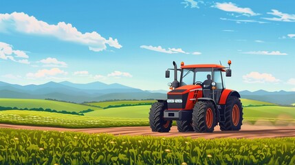 Fototapeta premium Renewable energypowered tractors, reducing carbon footprint, flat design illustration