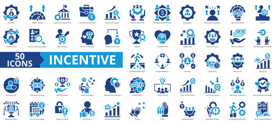 Incentive icon collection set. Containing higher level performance, government, business, economic analysis, human resources, management practice, employee icon. Simple flat vector.