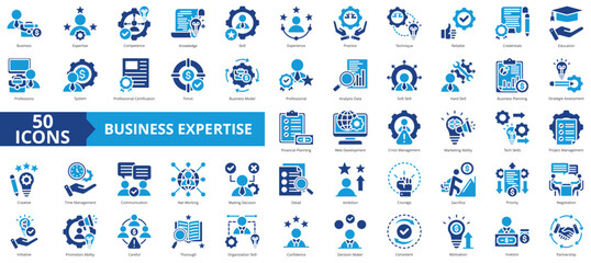 Business expertise icon collection set. Containing practice, competence, knowledge, skill, experience, practice, technique icon. Simple flat vector.