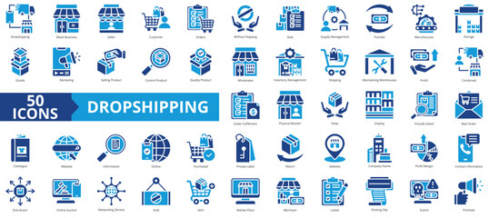 Dropshipping icon collection set. Containing retail business, seller, customer, orders, without keeping, stock, supply management icon. Simple flat vector.