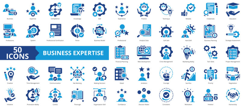Business expertise icon collection set. Containing practice, competence, knowledge, skill, experience, practice, technique icon. Simple flat vector.
